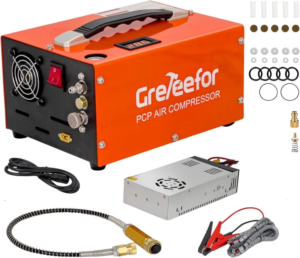 PCP Air Compressor, 4500 PSI / 30 MPa, Dual Power Car 12V DC or Home 110V/220V AC, Retractable Handle, Water/Oil-Free for Paintball/PCP Rifle/HPA Tank, Manual Stop, 250W, Orange