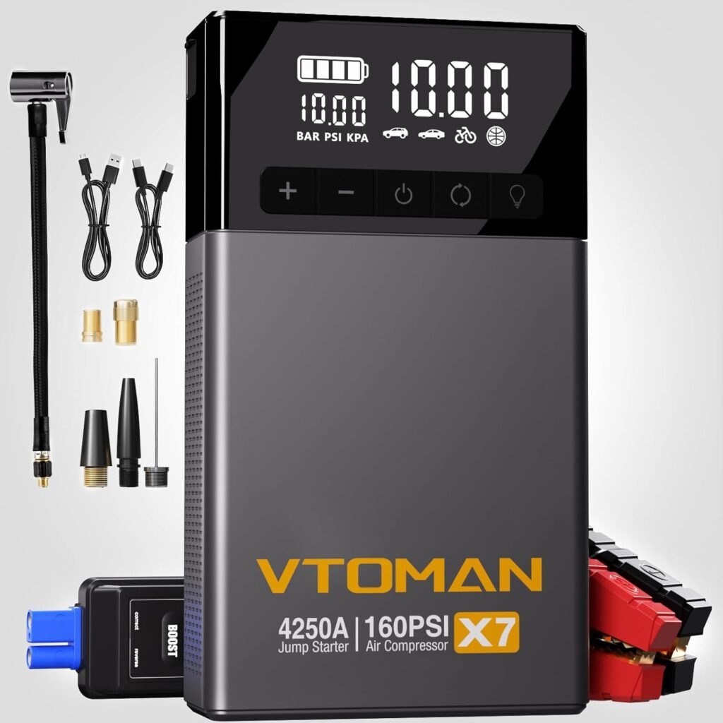VTOMAN X7 Jump Starter with Air Compressor, 4250A160PSI Pickup Trucks Suvs Battery Car Jumper Starter Portable(10L Gas/10L Diesel) with Auto-Shutoff Tire Inflator, 12V Lithium Booster Box, QC3.0