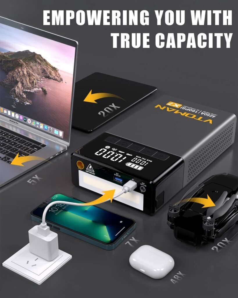 VTOMAN X7 Jump Starter with Air Compressor, 4250A160PSI Pickup Trucks Suvs Battery Car Jumper Starter Portable(10L Gas/10L Diesel) with Auto-Shutoff Tire Inflator, 12V Lithium Booster Box, QC3.0