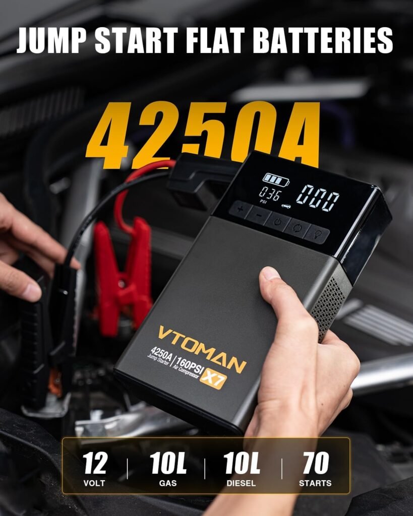 VTOMAN X7 Jump Starter with Air Compressor, 4250A160PSI Pickup Trucks Suvs Battery Car Jumper Starter Portable(10L Gas/10L Diesel) with Auto-Shutoff Tire Inflator, 12V Lithium Booster Box, QC3.0