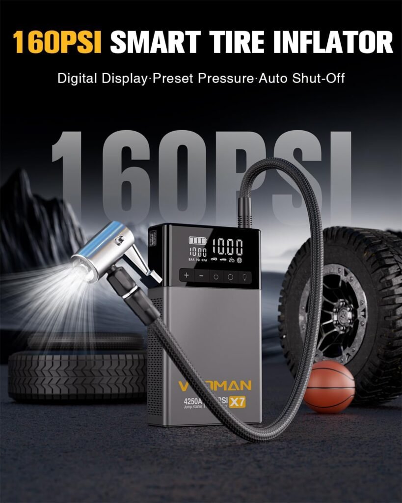 VTOMAN X7 Jump Starter with Air Compressor, 4250A160PSI Pickup Trucks Suvs Battery Car Jumper Starter Portable(10L Gas/10L Diesel) with Auto-Shutoff Tire Inflator, 12V Lithium Booster Box, QC3.0