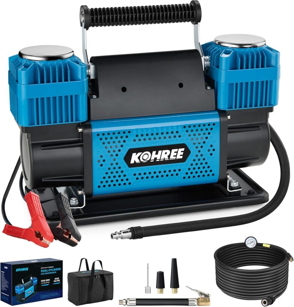 Kohree 12V Dual Cylinder Air Compressor, 12.35 ft³/Min Fast Tire Inflator, Portable Heavy Duty Tire Pump with Max PSI for Offroad Truck, RV, 4x4 Vehicles