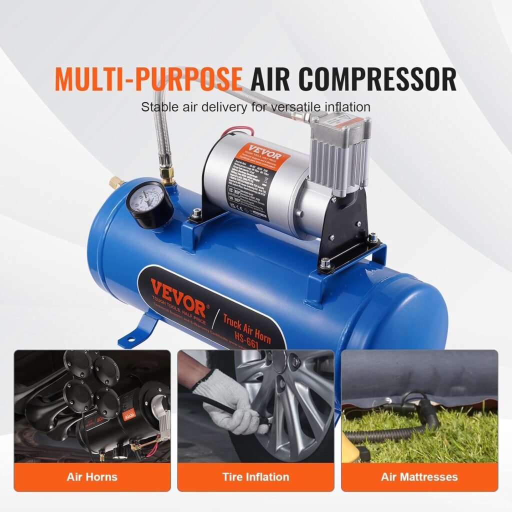 VEVOR 12V Air Compressor with 1.6 Gallon Tank, Train Horn Compressor, psi Working Pressure, Inflating Tires, Air Mattresses