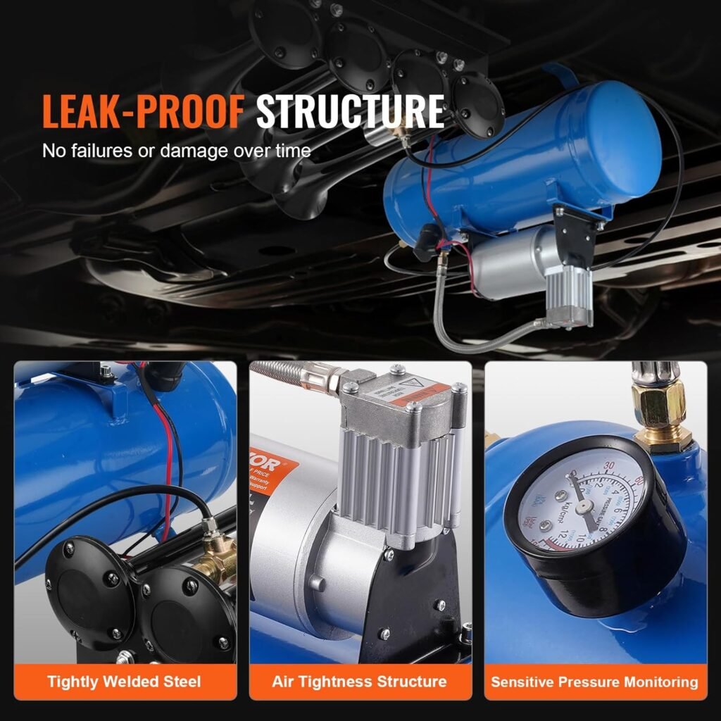VEVOR 12V Air Compressor with 1.6 Gallon Tank, Train Horn Compressor, psi Working Pressure, Inflating Tires, Air Mattresses
