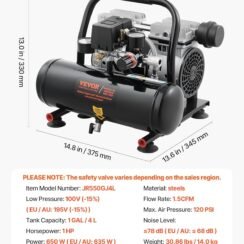 VEVOR Air Compressor, 1 Gallon Steel Tank, 1HP 1.5CFM @ 90PSI Oil Free Air Compressor & Max. 120PSI Pressure, 78dB Ultra Quiet Portable Compressor for Auto Repair, Tire Inflation, Spray Painting, 120V