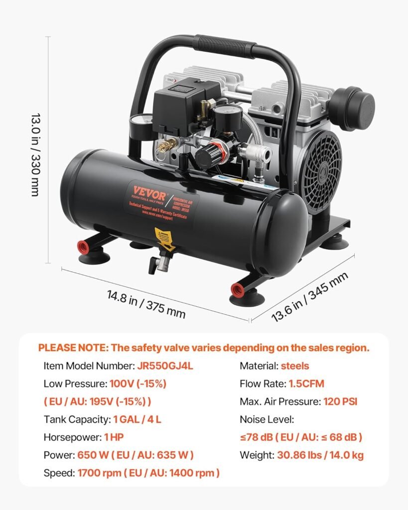 VEVOR Air Compressor, Gallon Steel Tank, 1HP 1.5CFM @ 90PSI Oil Free Air Compressor  Max. 120PSI Pressure, 78dB Ultra Quiet Portable Compressor for Auto Repair, Tire Inflation, Spray Painting, 120V
