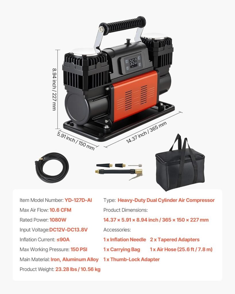 VEVOR Dual-Cylinder Heavy Duty Air Compressor, 10.6CFM Auto-Stop Portable Tire Inflator, 12V 150PSI Offroad Air Pump with LCD Digital Display  Adapters for Truck Car SUV x Vehicle RV
