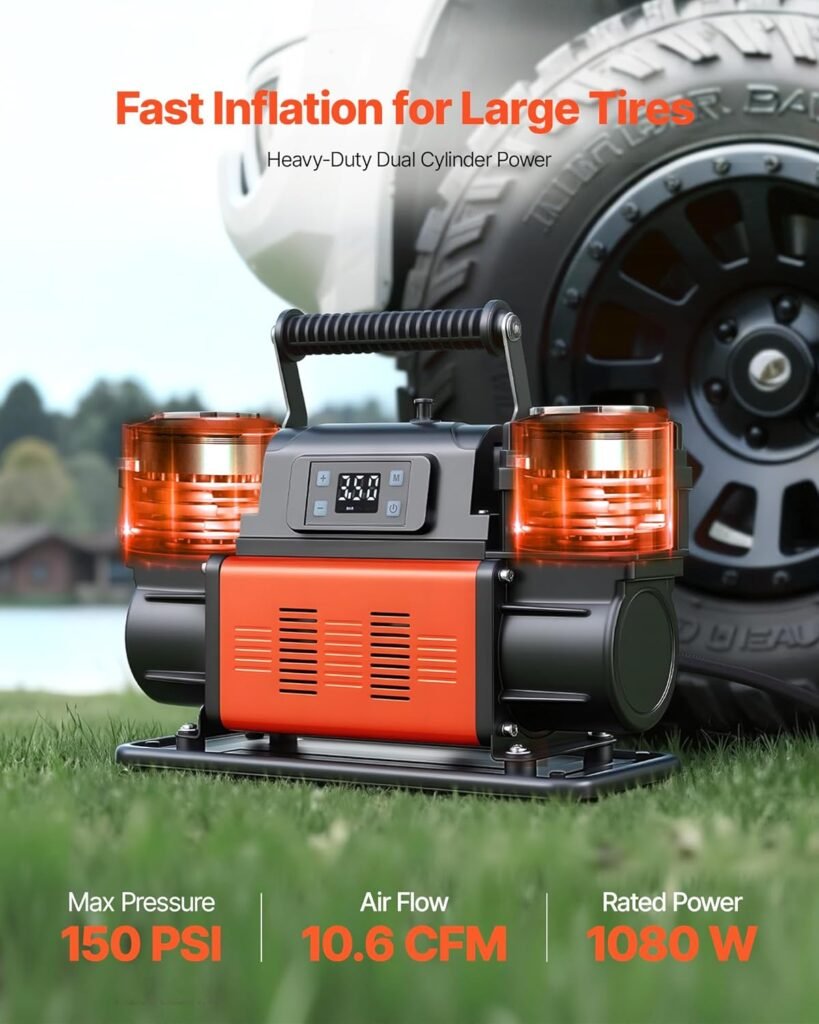 VEVOR Dual-Cylinder Heavy Duty Air Compressor, 10.6CFM Auto-Stop Portable Tire Inflator, 12V 150PSI Offroad Air Pump with LCD Digital Display  Adapters for Truck Car SUV x Vehicle RV