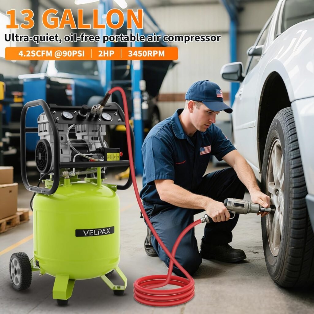 13 Gallon Air Compressor,2HP 4.2SCFM @90PSI Ultra Quiet and Oil-Free Air Compressor,115PSI Max Pressure,51 dBA Noise Level,Oil Free Compressor Tank for Auto Repair, Tire Inflation, Spray Painting