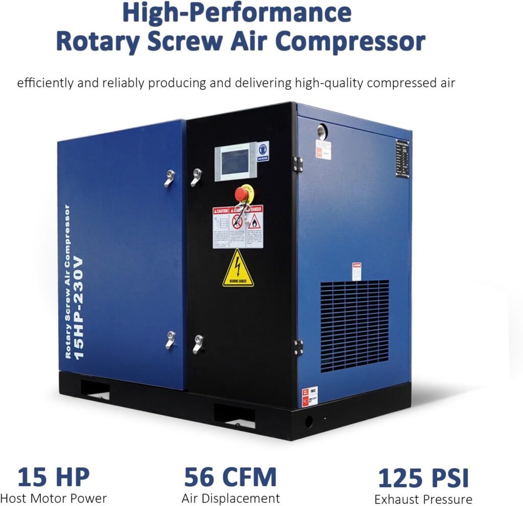 15HP Rotary Screw Air Compressor, 56CFM@125PSI, 230V 3-Phase 60Hz, Industrial-Grade Fixed Speed Air Compressed System with NPT Outlet for Workshop, Production Line Applications