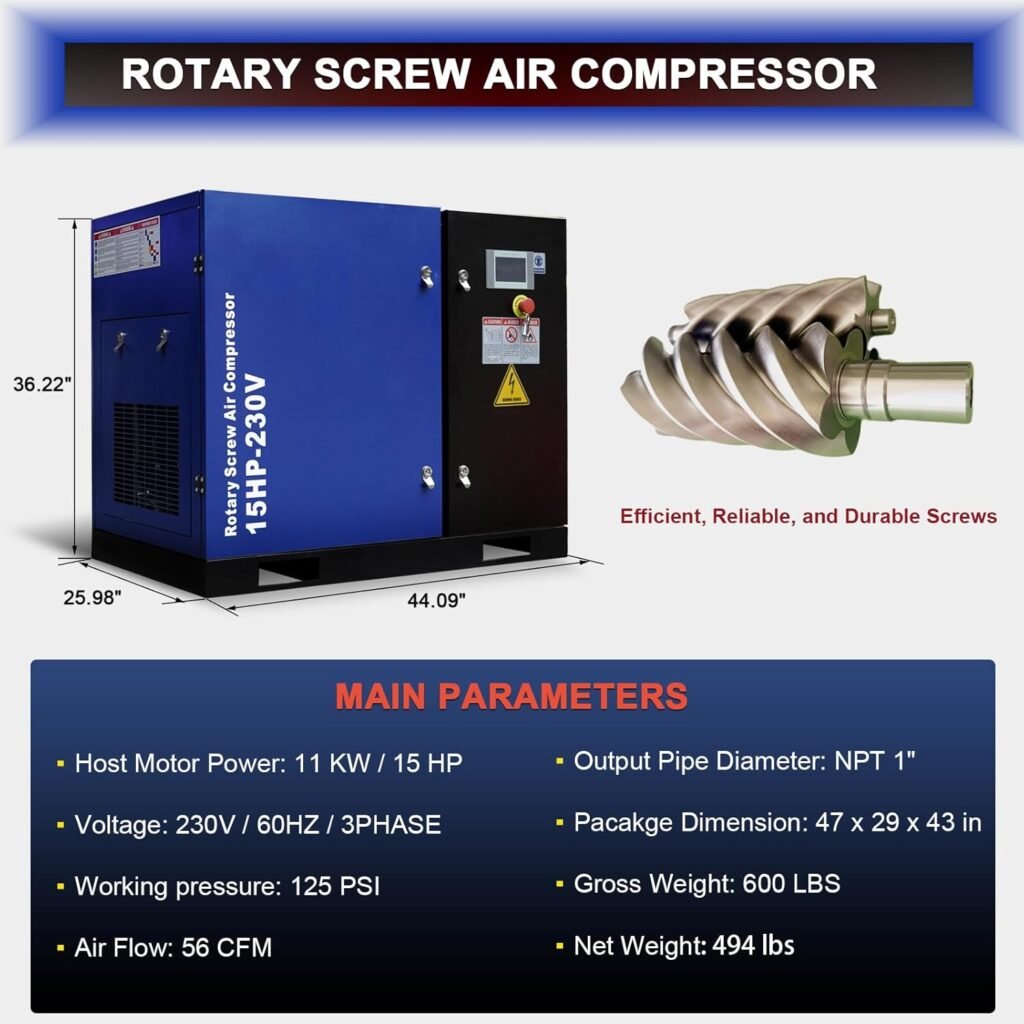 15HP Rotary Screw Air Compressor, 56CFM@125PSI, 230V 3-Phase 60Hz, Industrial-Grade Fixed Speed Air Compressed System with NPT Outlet for Workshop, Production Line Applications