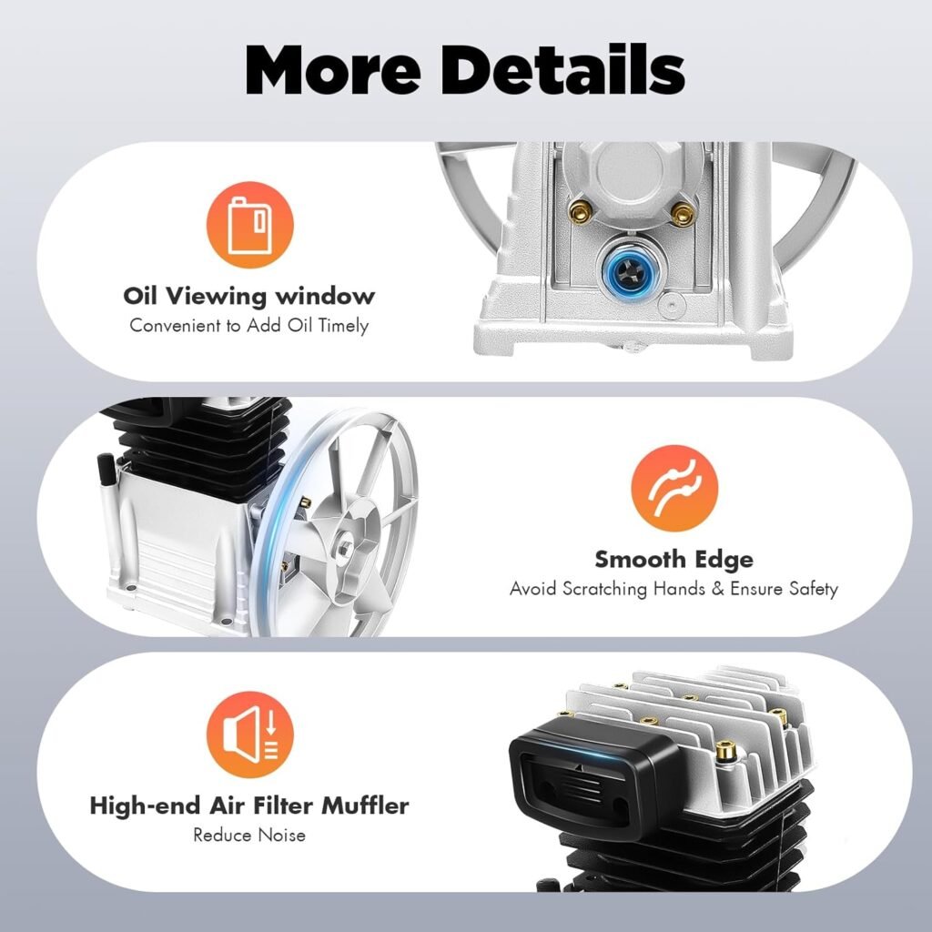 2HP Air Compressor Pump Head, Single Stage Twin Cylinder Universal Low Energy Consumption Air Compressor Head Motor, Faster InflationLow Noise