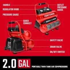 Craftsman 2-Gallon Air Compressor, 1/3 HP Oil-Free Twin Tank, 125 PSI Max – Portable & Quiet for Home DIY, Tire Inflation, Nailing & Spray Painting (Twin Stack)