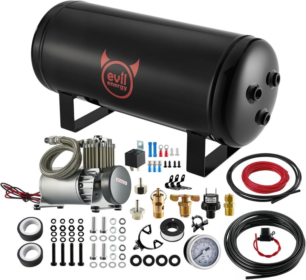 EVIL ENERGY Gallon Air Tank and Compressor Kit Ports/4 NPT 150PSI Rated 12V Compressor Air Tank for Air Horn, Inflating Tires, Car, Truck, Suspension Systems, Train Horn, DIY Pneumatic Tools