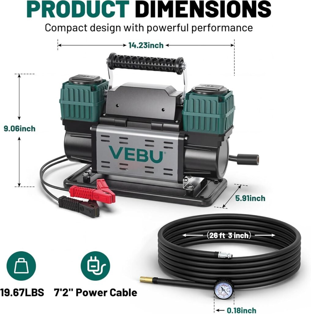 Heavy Duty Air Compressor 12V Tire Inflator, Dual Cylinder 125PSI with In-line Pressure Gauge, 10.6CFM Fast Inflation for Off-road Vehicles, Trucks, SUVs, RVs, ATVs, DC Power, Corded Electric Heavy Duty Air Compressor 12V Tire Inflator, Dual Cylinder 125PSI with In-line Pressure Gauge, 10.6CFM Fast Inflation for Off-road Vehicles, Trucks, SUVs, RVs, ATVs, DC Power, Corded Electric