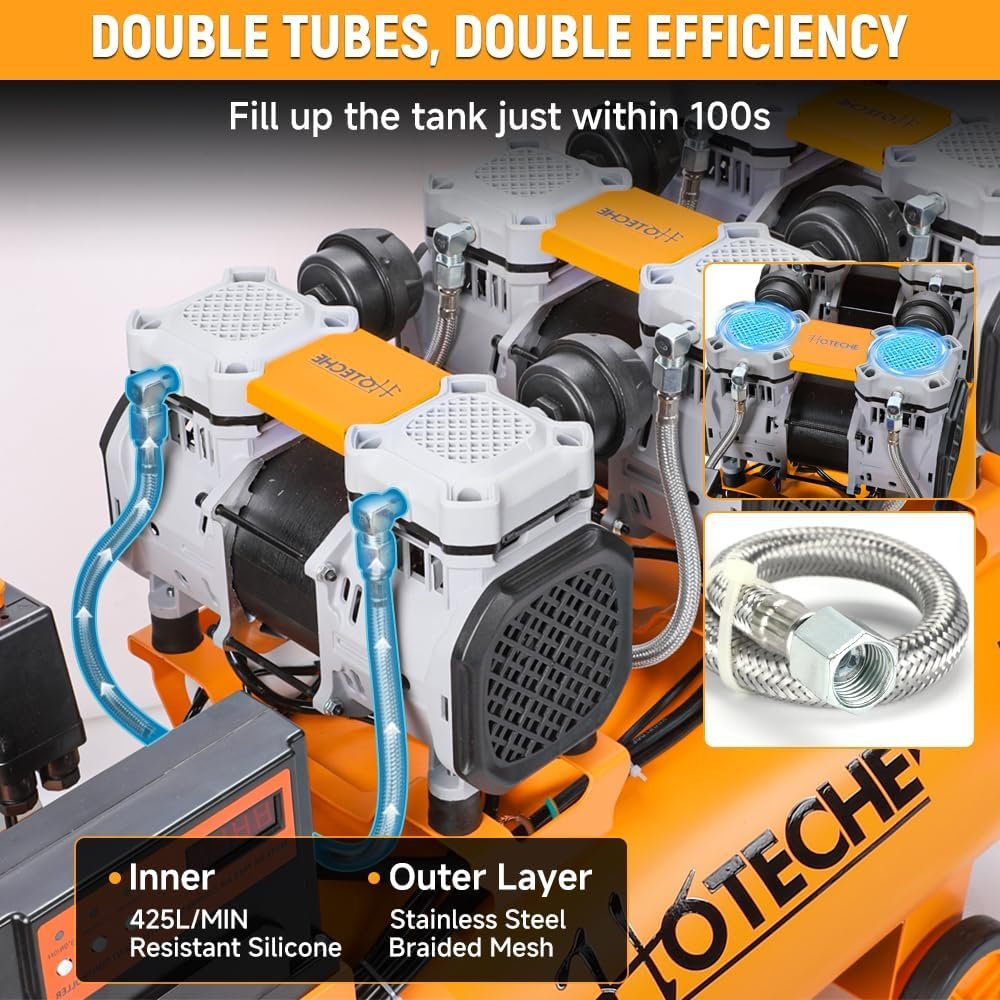 Hoteche Gallon Silent Oil-Free Air Compressor, 5.4HP (1.8HP*3) High Flow 425L/Min Ultra Quiet Electric Air Pump with Triple Motors Dual Cylinders for Workshop, Industrial Painting Air Tools Hoteche Gallon Silent Oil-Free Air Compressor, 5.4HP (1.8HP*3) High Flow 425L/Min Ultra Quiet Electric Air Pump with Triple Motors Dual Cylinders for Workshop, Industrial Painting Air Tools