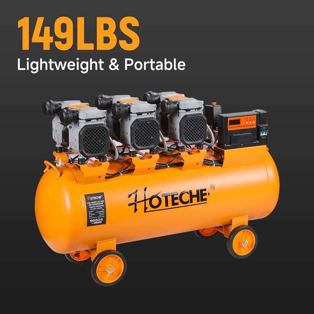 Hoteche Gallon Silent Oil-Free Air Compressor, 5.4HP (1.8HP*3) High Flow 425L/Min Ultra Quiet Electric Air Pump with Triple Motors Dual Cylinders for Workshop, Industrial Painting Air Tools Hoteche Gallon Silent Oil-Free Air Compressor, 5.4HP (1.8HP*3) High Flow 425L/Min Ultra Quiet Electric Air Pump with Triple Motors Dual Cylinders for Workshop, Industrial Painting Air Tools