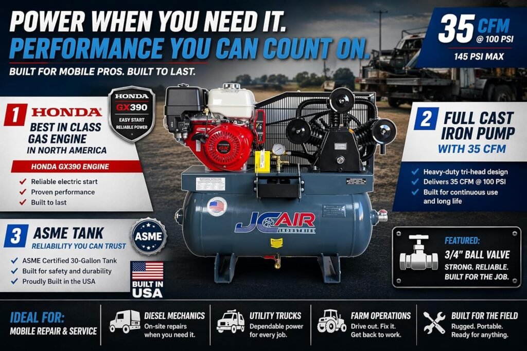 JC AIR Gallon Truck Mount Air Compressor, CFM PSI, Honda GX390 13HP Gas Powered Compressor with Electric Start, Stage Cast Iron Pump for Service Trucks Field Repair JC AIR Gallon Truck Mount Air Compressor, CFM PSI, Honda GX390 13HP Gas Powered Compressor with Electric Start, Stage Cast Iron Pump for Service Trucks Field Repair