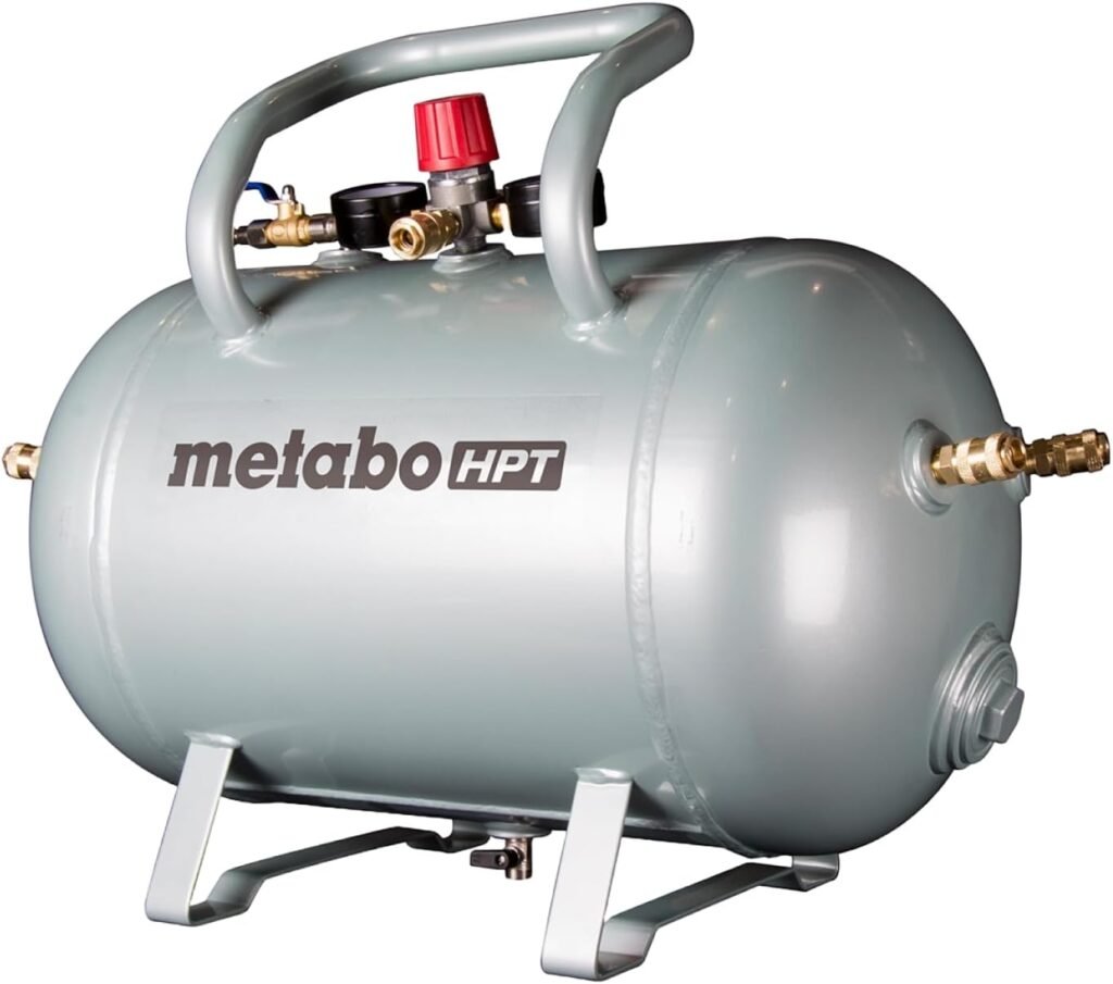 Metabo HPT Reserve Air Tank, High Capacity Gallon Air Tank, ASME Certified, Quick Connect Couplers, Industrial Pressure Gauges, Angled Steel Legs for Stability, UA3810AB