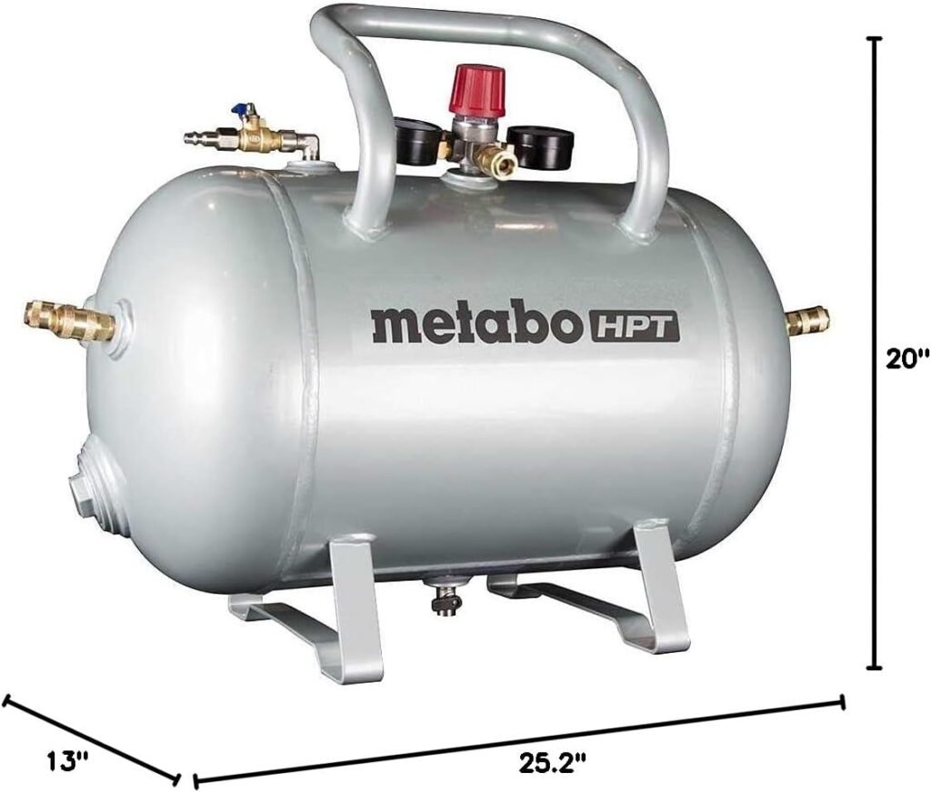 Metabo HPT Reserve Air Tank, High Capacity Gallon Air Tank, ASME Certified, Quick Connect Couplers, Industrial Pressure Gauges, Angled Steel Legs for Stability, UA3810AB