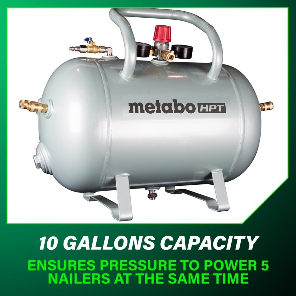 Metabo HPT Reserve Air Tank, High Capacity Gallon Air Tank, ASME Certified, Quick Connect Couplers, Industrial Pressure Gauges, Angled Steel Legs for Stability, UA3810AB