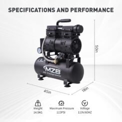 MZB 2.4 Gallon Ultra Quiet Air Compressor 1.0HP 110V/60Hz 5.65CFM, MAX 115PSI Steel Tanks Oil-Free 65dB Noise Level Air Compressor for Spray Painting, Auto Repair, Carpentry Decoration
