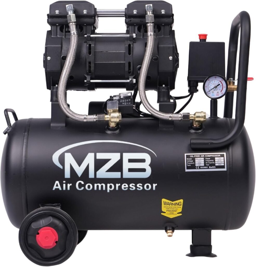 MZB 2.4 Gallon Ultra Quiet Air Compressor 1.0HP 110V/60Hz 5.65CFM, MAX 115PSI Steel Tanks Oil-Free 65dB Noise Level Air Compressor for Spray Painting, Auto Repair, Carpentry Decoration