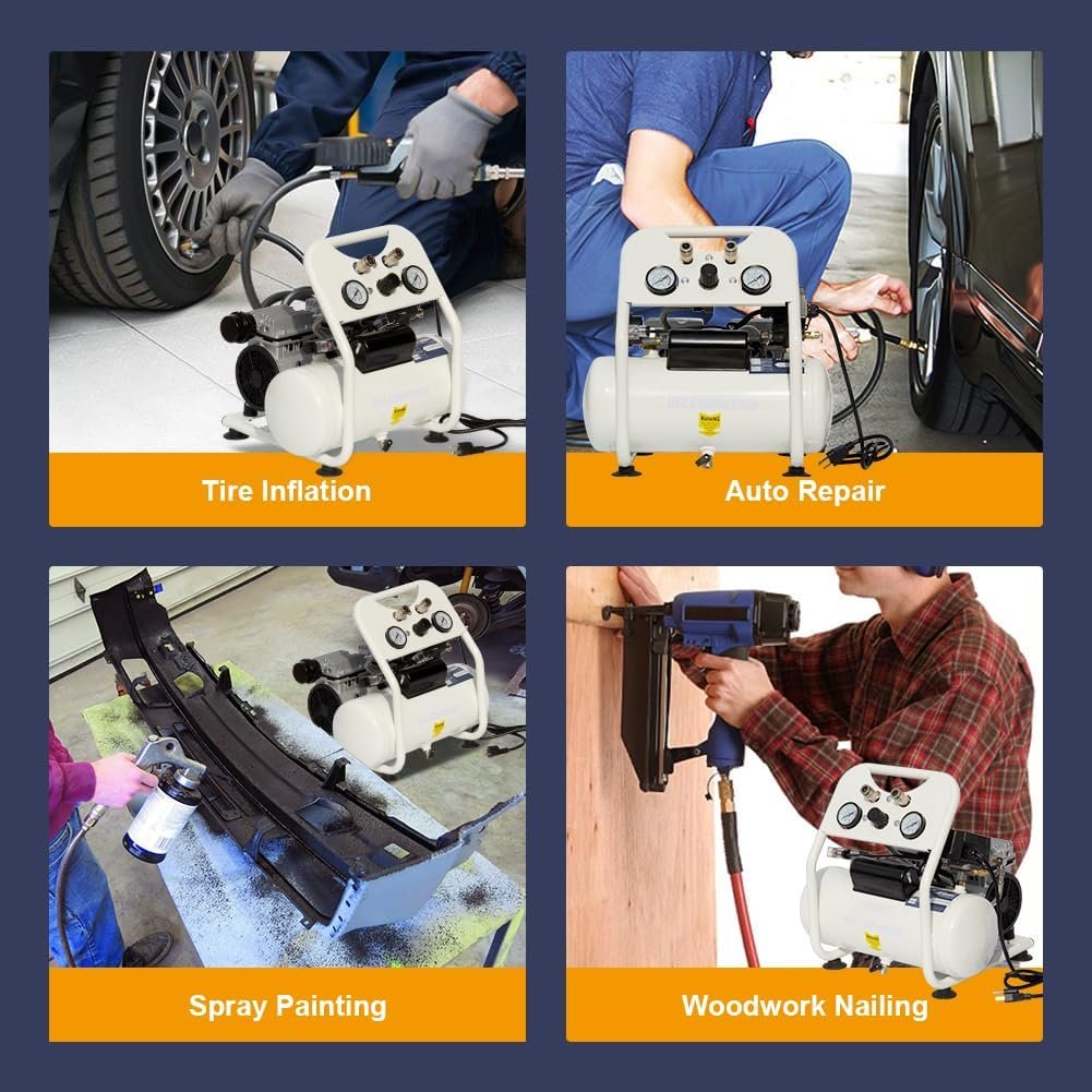 Portable Air Compressor, Ultra Quiet Oil-Free Electric Air Compressor PSI Max with CFM, Quick Recovery, 2.5 Gallon Tank, Ideal for Tire Inflation, Hot Dog Air Tools Garage Auto Repair Portable Air Compressor, Ultra Quiet Oil-Free Electric Air Compressor PSI Max with CFM, Quick Recovery, 2.5 Gallon Tank, Ideal for Tire Inflation, Hot Dog Air Tools Garage Auto Repair