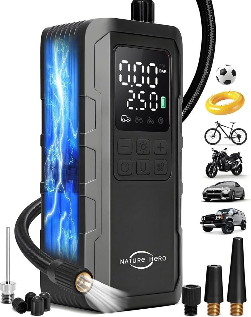 Tire Inflator Portable Air Compressor - 7500mAh Air Pump for Car Tires, 150PSI Cordless Tire Pump with Pressure Gauge  LED Lights - 3X Faster for Car, Motorcycle, Balls and Bicycle, Black