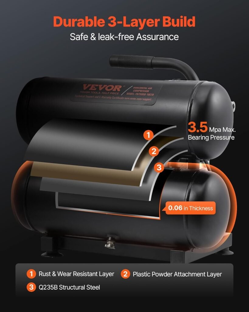 VEVOR Air Compressor, 4.6 Gallon Steel Tank, 1HP 2.2CFM@90 PSI Oil Free Air Compressor  Max 120PSI Pressure, 80dB Ultra Quiet Portable Compressor for Auto Repair, Tire Inflation, Spray Painting, 120V
