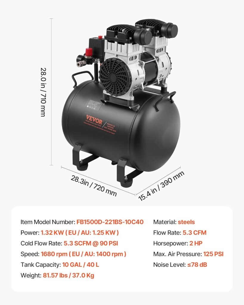 VEVOR Air Compressor, Gallon Steel Tank, 2HP 5.3 CFM@90 PSI Oil Free Air Compressor  Max. 125PSI Pressure, 78dB Ultra Quiet Portable Compressor, for Auto Repair, Tire Inflation, Spray Painting