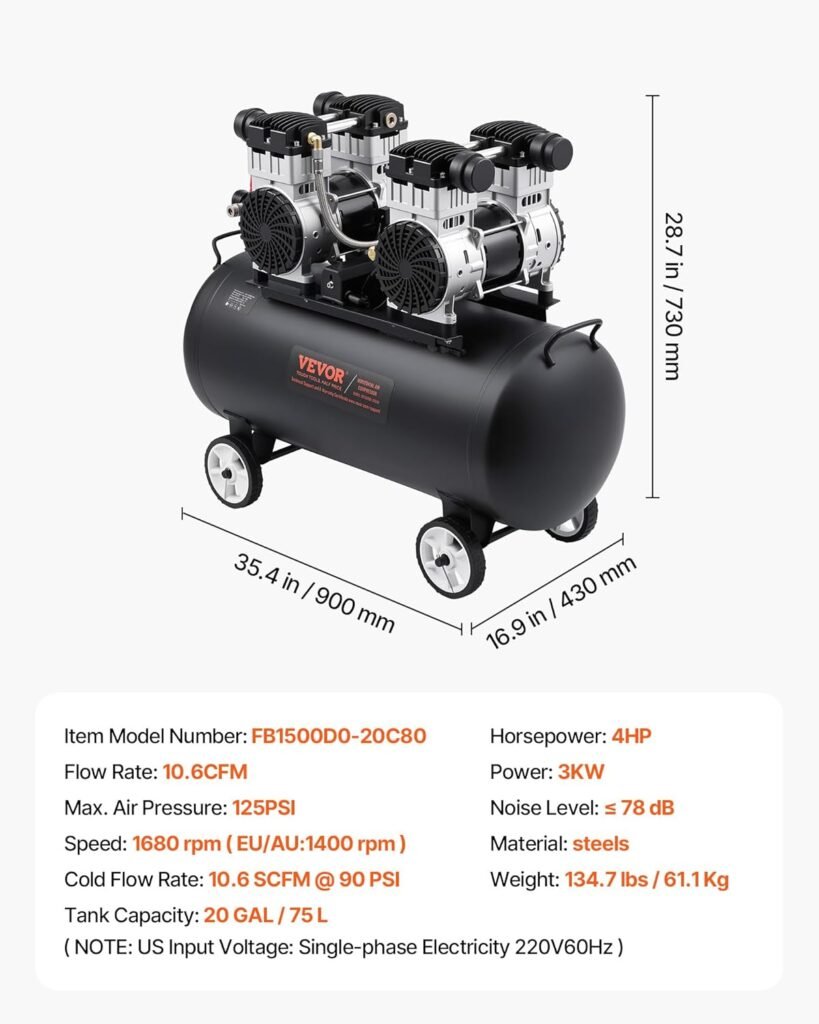 VEVOR Air Compressor, Gallon Steel Tank, 4HP 10.6 CFM@90 PSI Oil Free Air Compressor  Max. 125PSI Pressure, 78dB Ultra Quiet Compressor for Auto Repair, Tire Inflation, Spray Painting (220V 60Hz)