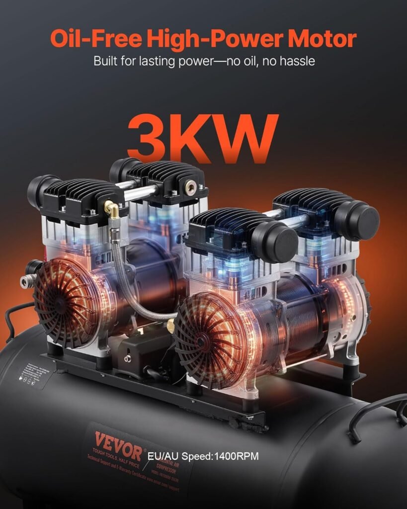 VEVOR Air Compressor, Gallon Steel Tank, 4HP 10.6 CFM@90 PSI Oil Free Air Compressor  Max. 125PSI Pressure, 78dB Ultra Quiet Compressor for Auto Repair, Tire Inflation, Spray Painting (220V 60Hz)