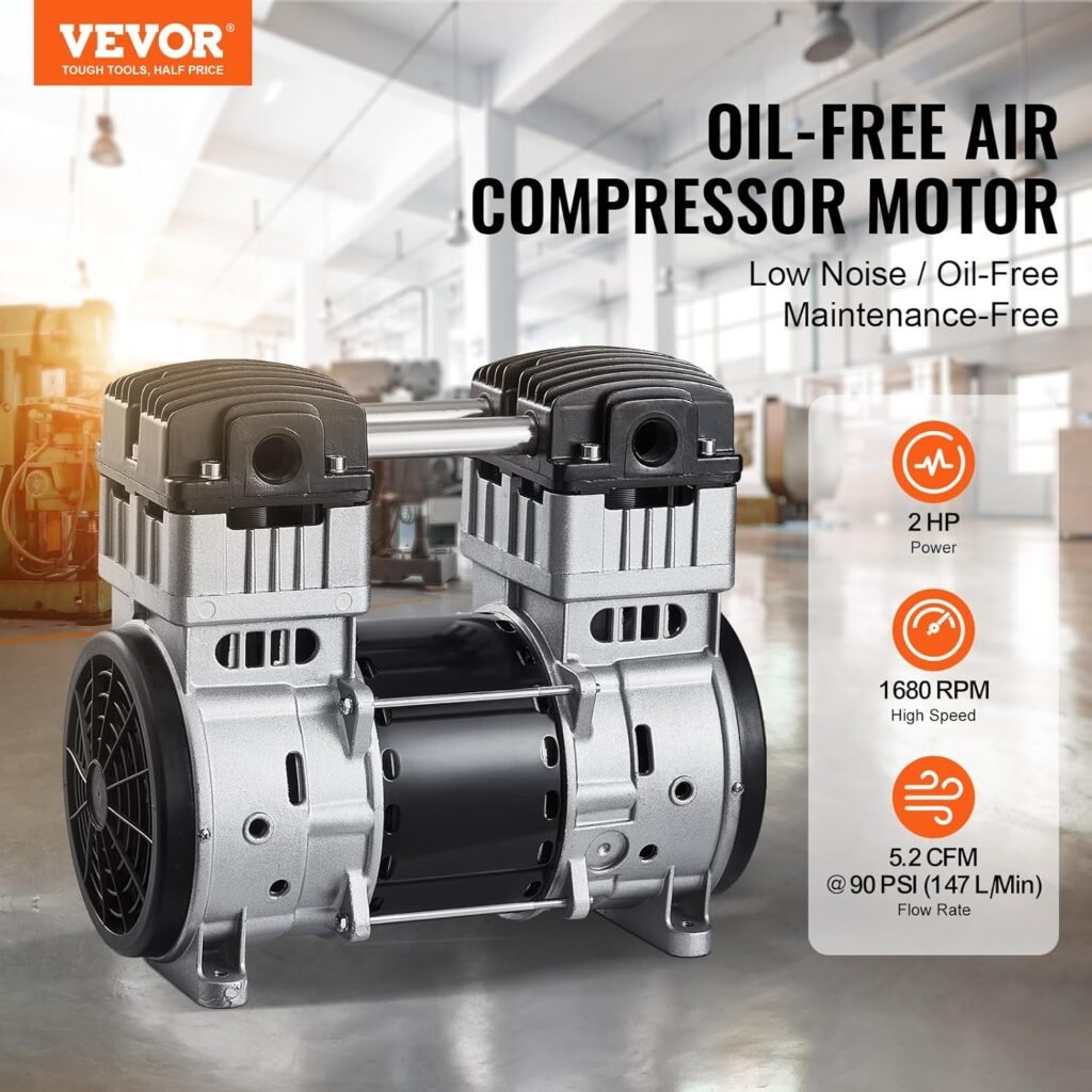 VEVOR Air Compressor Motor, 2HP 5.2CFM @ 90PSI Oil Free Air Compressor Pump  Max. 145PSI Pressure, 78dB Ultra-Quiet Compressor Motor for Auto Repair, Tire Inflation, Spray Painting, Woodwork Nailing