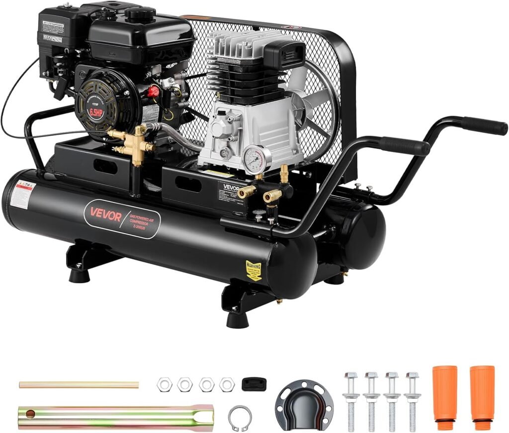 VEVOR Gallon Twin-Tank Gas Powered Air Compressor, 6.5HP 9CFM Gas Driven Air Compressor Tank on Wheels, Max 115PSI Piston Pump Air-Compressed System for Tire Inflation, Auto Repairs, Spray Painting