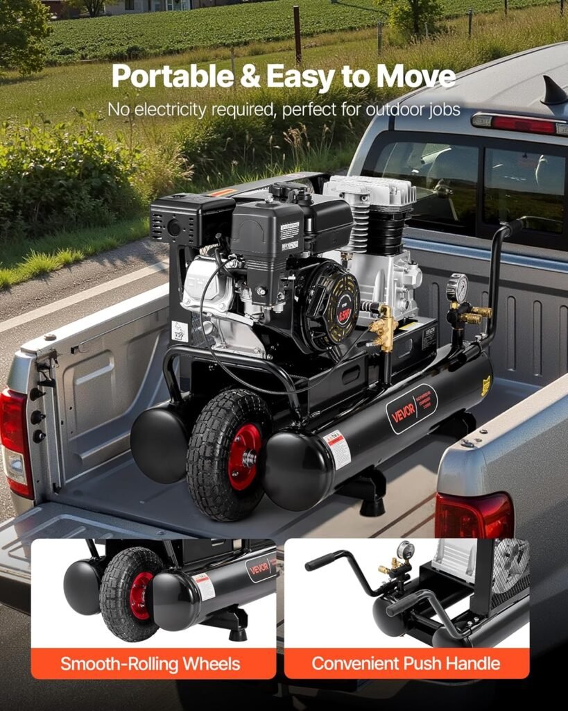 VEVOR Gallon Twin-Tank Gas Powered Air Compressor, 6.5HP 9CFM Gas Driven Air Compressor Tank on Wheels, Max 115PSI Piston Pump Air-Compressed System for Tire Inflation, Auto Repairs, Spray Painting