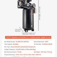 VEVOR 80 Gallons Heavy-Duty Air Compressor, 10HP 17 SCFM at 90PSI Air Compressors Max 175PSI, Oil-Lubricated Compressor Tank for Industrial Manufacturing, Large Workshops (230V 3-Phase, No Plug)
