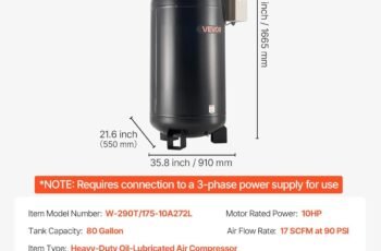 VEVOR 80 Gallons Heavy-Duty Air Compressor, 10HP 17 SCFM at 90PSI Air Compressors Max 175PSI, Oil-Lubricated Compressor Tank for Industrial Manufacturing, Large Workshops (230V 3-Phase, No Plug)