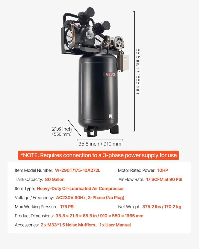 VEVOR Gallons Heavy-Duty Air Compressor, 10HP SCFM at 90PSI Air Compressors Max 175PSI, Oil-Lubricated Compressor Tank for Industrial Manufacturing, Large Workshops (230V 3-Phase, No Plug)