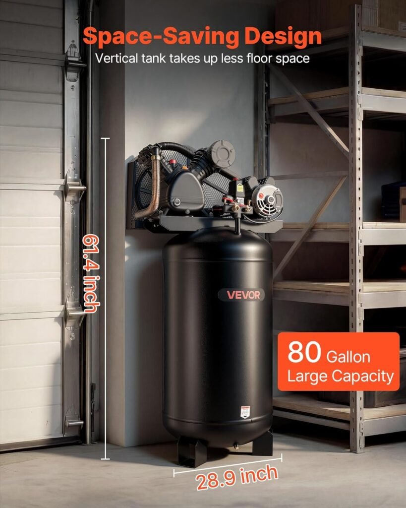 VEVOR Gallons Heavy-Duty Air Compressor, 5HP SCFM at 90PSI Air Compressors Max 175PSI Pressure, Oil-Lubricated Compressor Tank for Industrial Manufacturing, Large Workshops (230V 60Hz, No-Plug)
