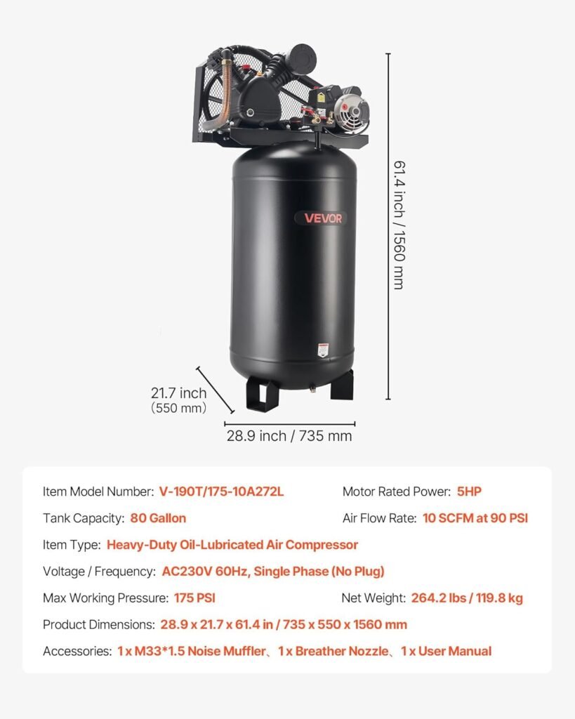 VEVOR Gallons Heavy-Duty Air Compressor, 5HP SCFM at 90PSI Air Compressors Max 175PSI Pressure, Oil-Lubricated Compressor Tank for Industrial Manufacturing, Large Workshops (230V 60Hz, No-Plug)