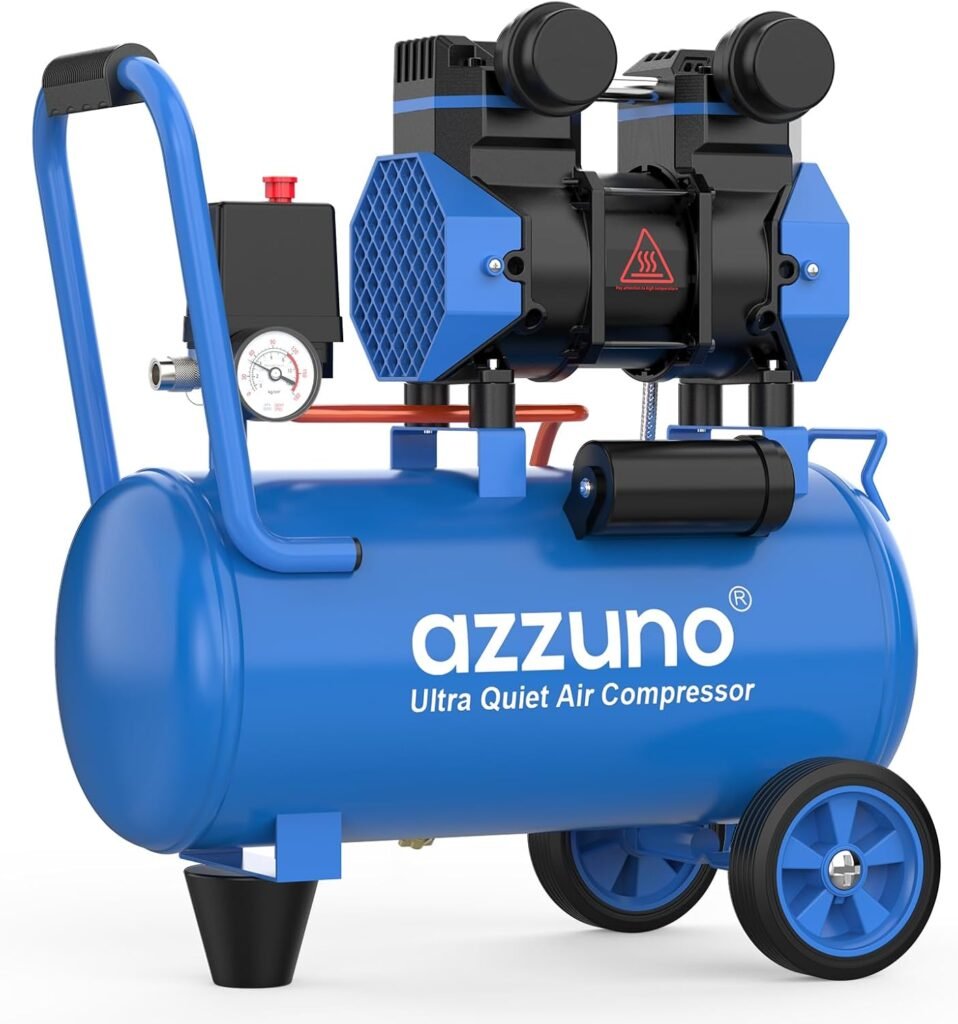 AZZUNO Gallon Air Compressor, 1.6CFM@90PSI Oil Free Air Compressor Tank  Max.116PSI Pressure, dB Ultra Quiet Compressor for Auto Repair, Tire Inflation, Spray Painting, Woodwork Nailing