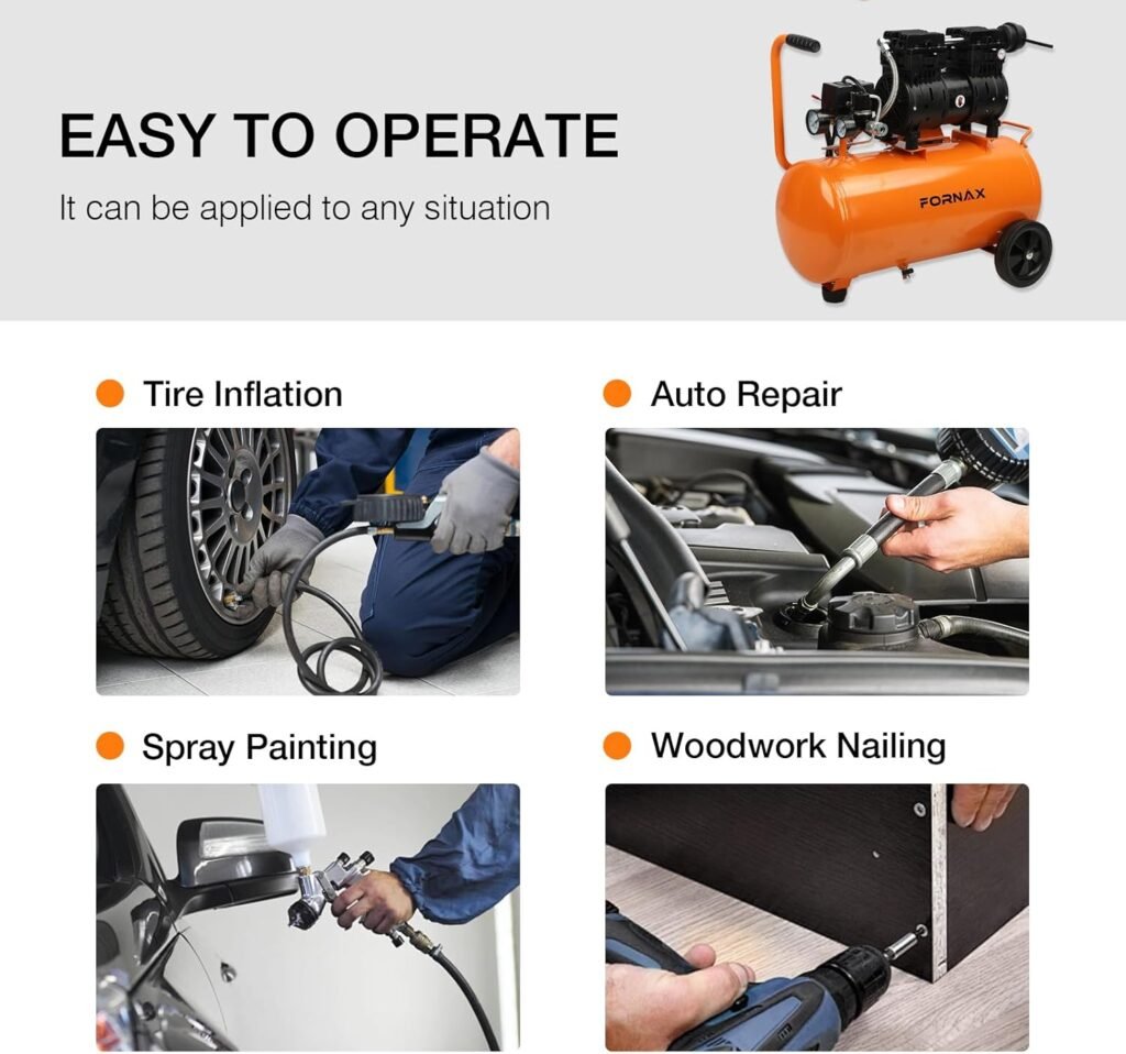 FORNAX Gallon Air Compressor, 1HP 2.2 CFM, Max PSI Oil-Free Air Compressor Tank, dB Ultra Quiet Compressor for Nail Guns, Tire Inflation, and DIY Home Projects