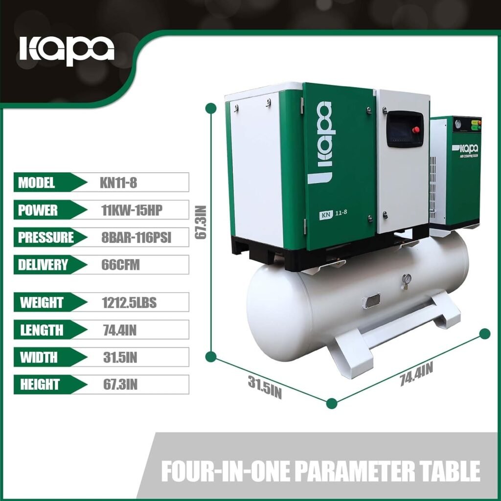 KAPA KN 11-8 11KW/15HP Rotary Screw Air Compressor 220V 66CFM 116psi in 1Industrial Air compressor for manufacturing production with air dryer,air storage tank, filter