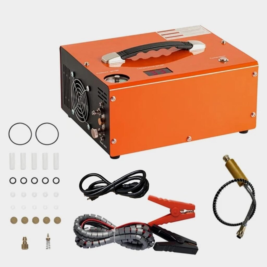 PCP Air Compressor 4500Psi/30Mpa, 300W Oil-Free Fast Fill Pump with Auto Shut-Off, Dual Power 12V DC  110V AC, Built-in Fan, Portable Air Pump Paintball, Air Rifle, Airguns HPA Tanks