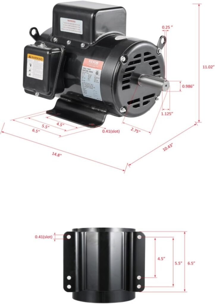 VEVOR 5HP Air Compressor Electric Motor, 230V Amps, 56HZ Frame 3450RPM,/8 Keyed Shaft, 2.25 Shaft Length, Single Phase, CCW/CW (Factory Setting is CCW)