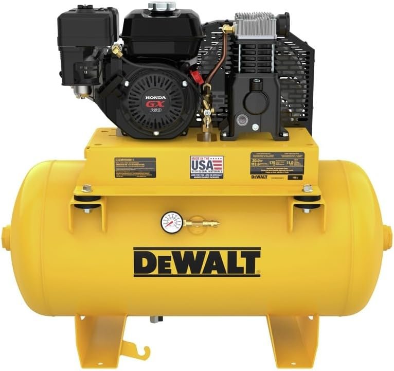 DEWALT Gallon Gas Air Compressor Powered by HONDA GX160 Engine with Oil Lubricated Twin Cylinder Pump and Cast Iron Crankcase, Ideal for Service Trucks: PSI, Truck Mounted