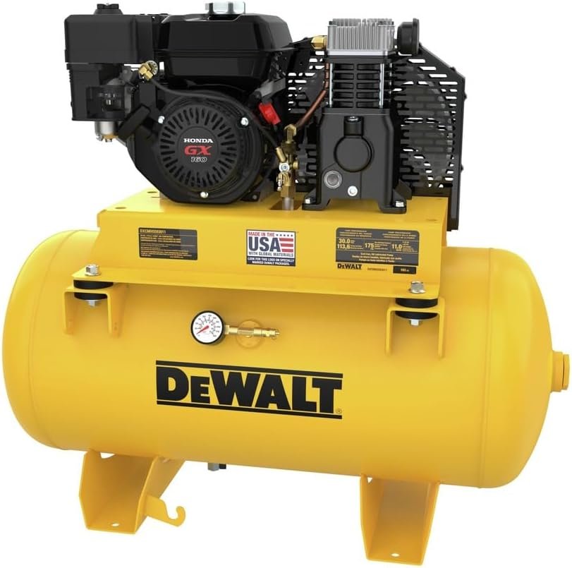 DEWALT Gallon Gas Air Compressor Powered by HONDA GX160 Engine with Oil Lubricated Twin Cylinder Pump and Cast Iron Crankcase, Ideal for Service Trucks: PSI, Truck Mounted