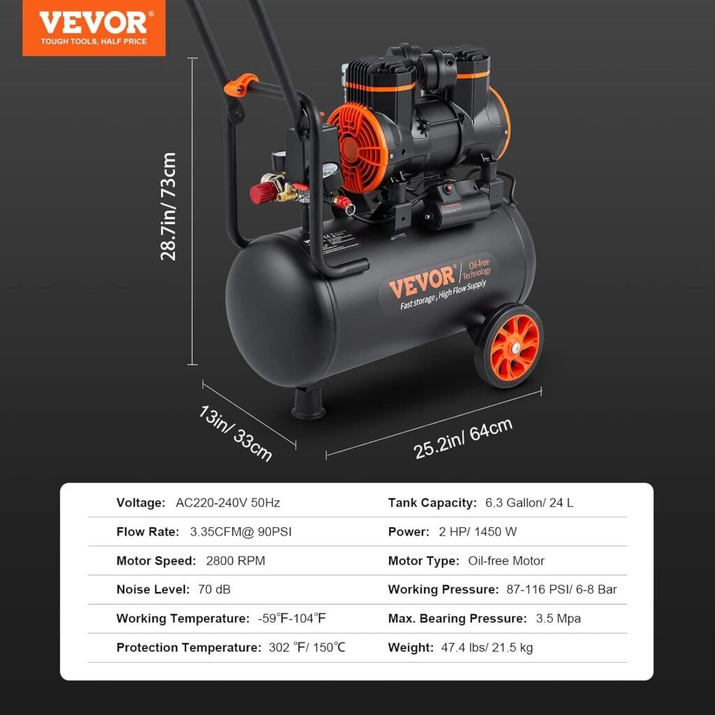 VEVOR 6.3 Gallon HP Air Compressor, Max 116PSI, Oil Free Compressor Tank