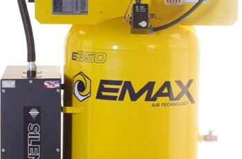 EMAX E350 Stationary Air Compressor – 5HP 80 Gal 2 Stage Silent Air System with Pressure Lubricated Pump & Quiet Design